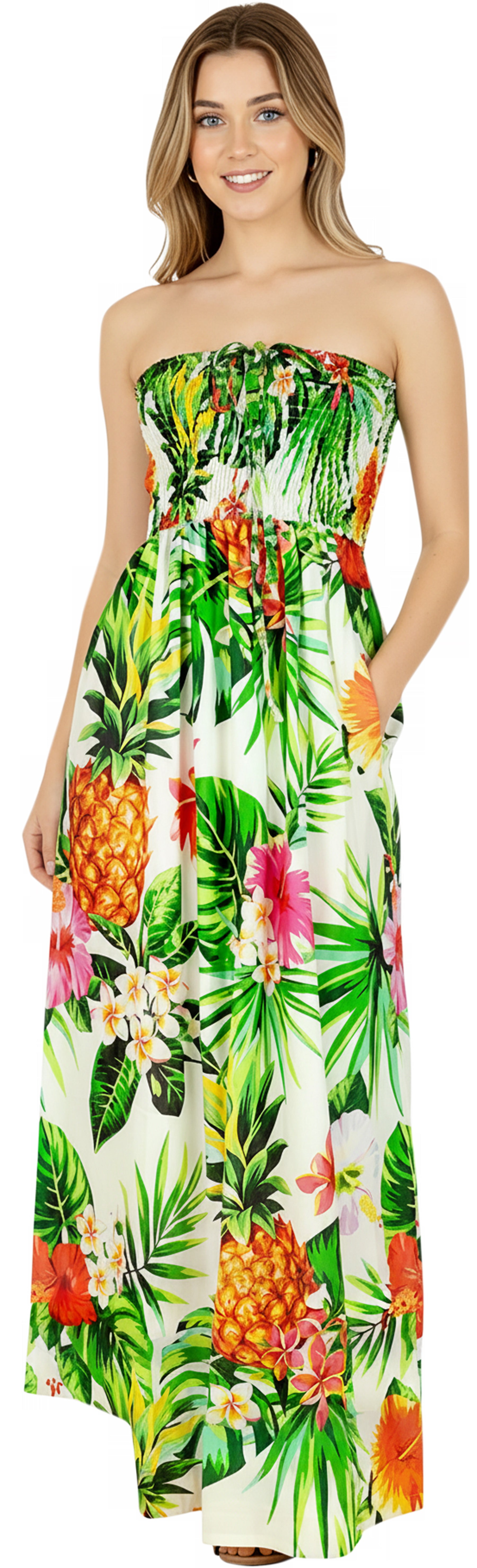 White Pineapple and Flower Print Long Tube Dress For Women P01219