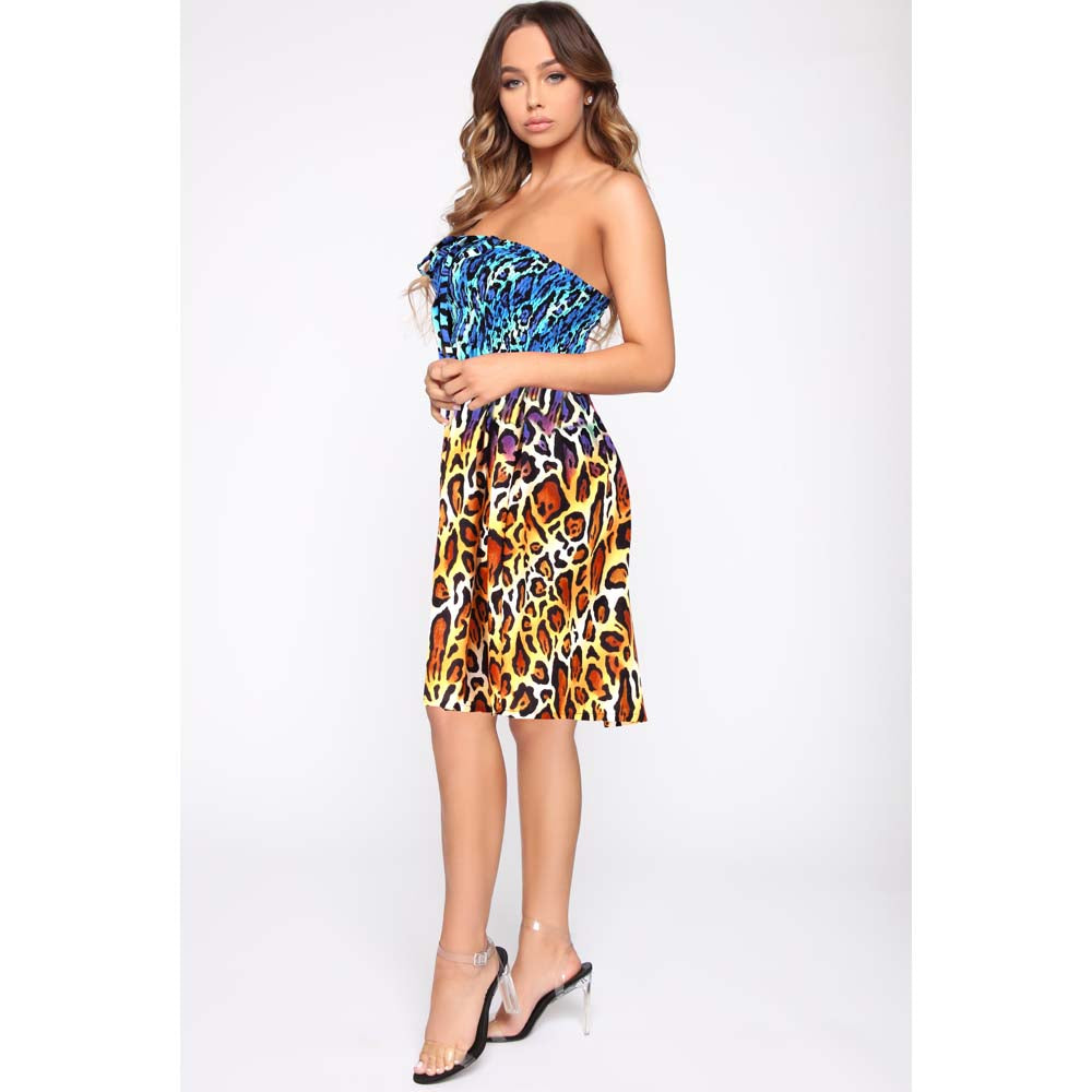 beautiful model in leopard print sleeveless short dress in blue and golden color 