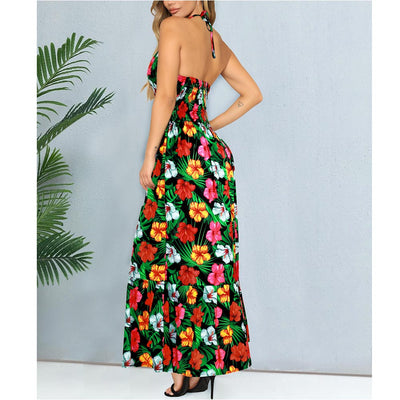 woman in black color and sexy halter back floral hawaiian maxi dress for beach