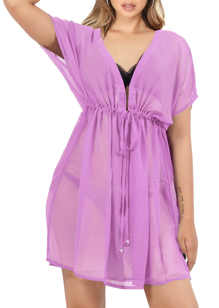 Pretty Lilac Solid Sheer V-Neck Beach Cover up For Women P03559