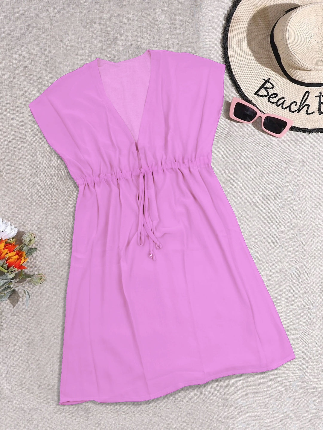Pretty Lilac Solid Sheer V-Neck Beach Cover up For Women P03559