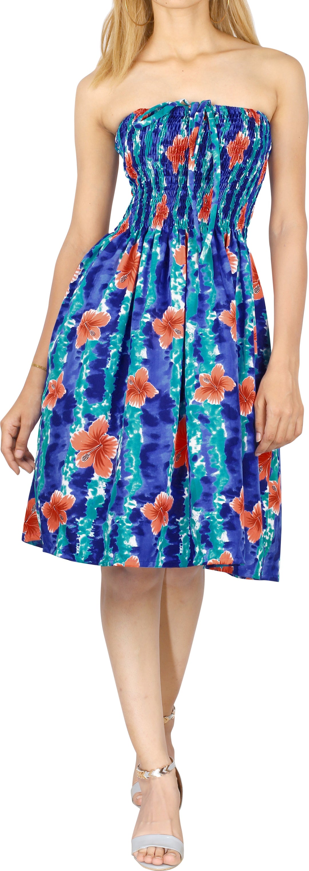 Royal Blue Allover Floral Printed Short Tube Dress For Women P00968