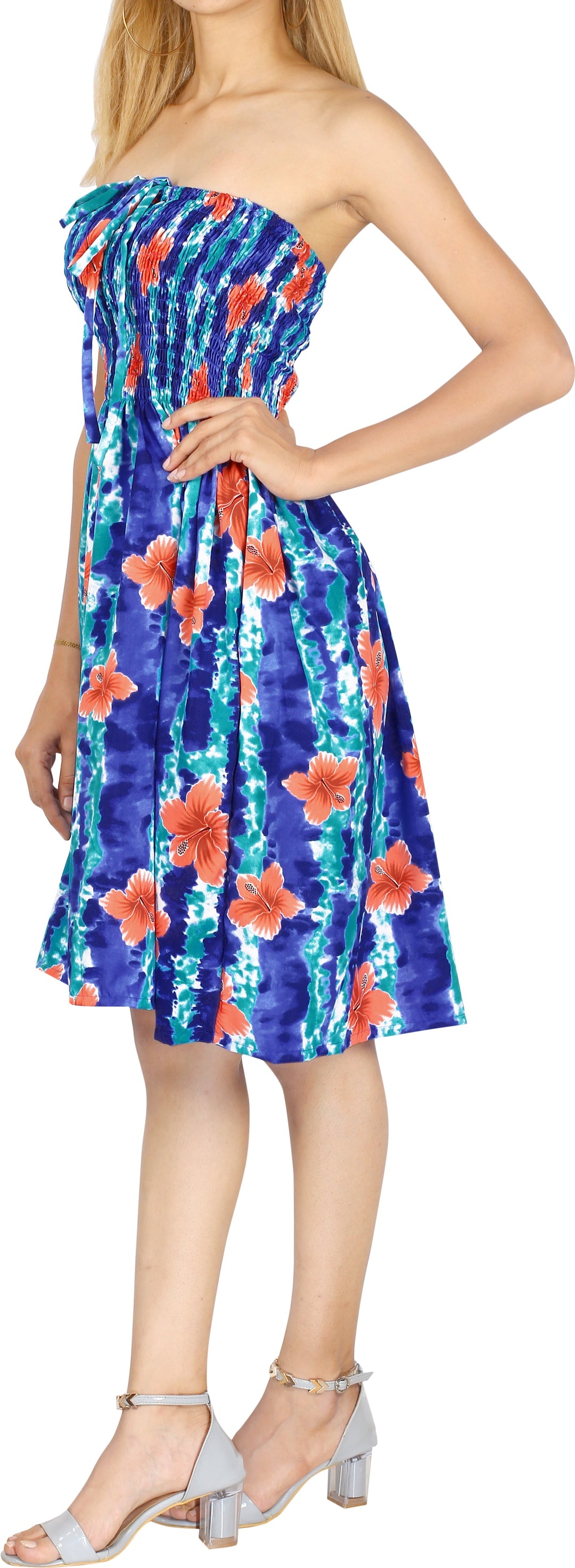 Royal Blue Allover Floral Printed Short Tube Dress For Women P00968
