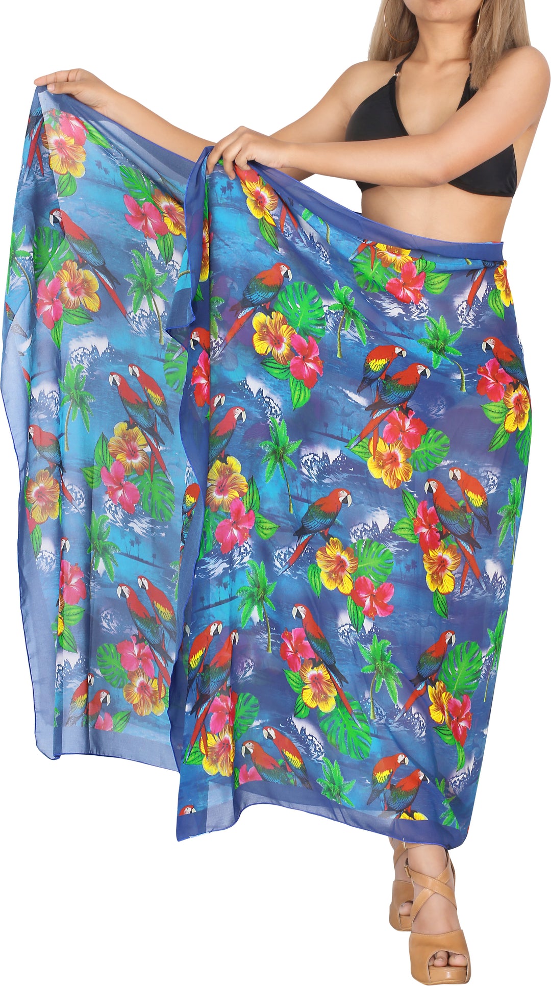 Allover Tropical Floral and Parrots Sheer Beach Wrap For Women P06736