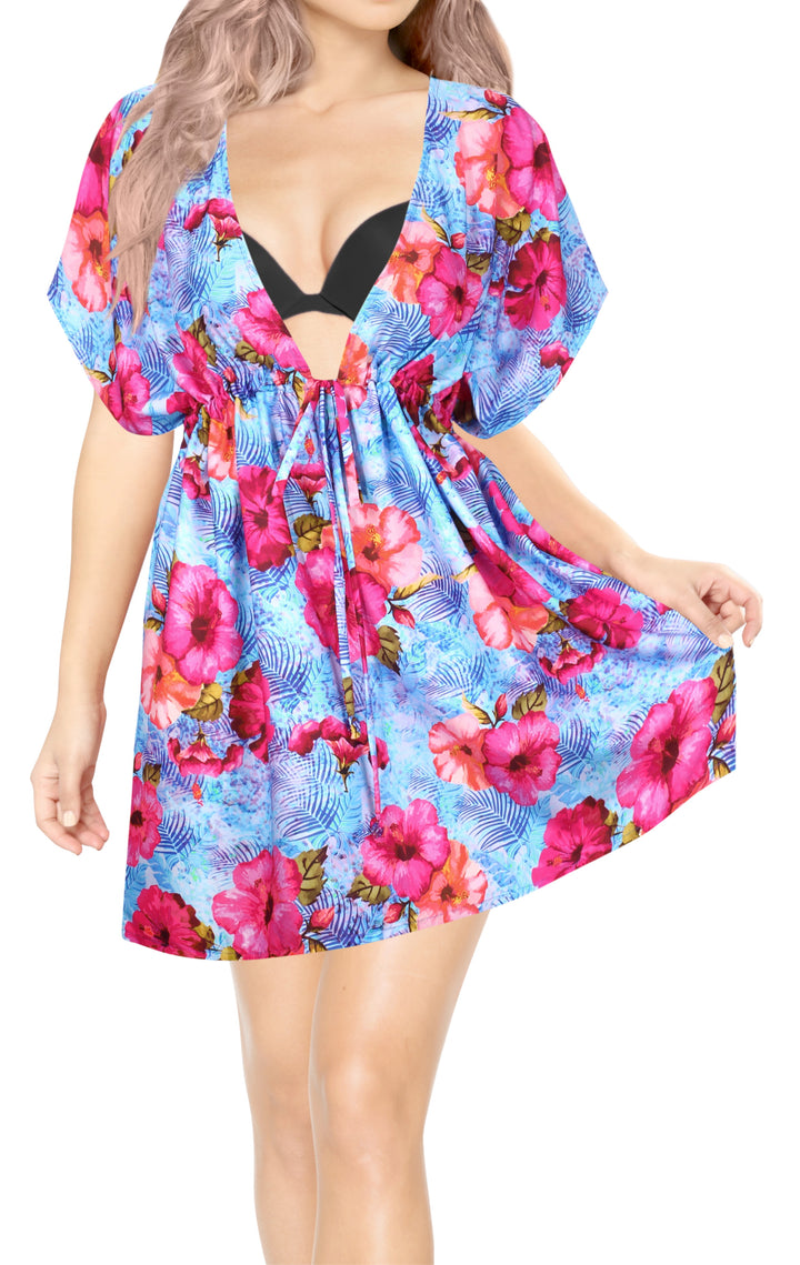 Radiant Blue with Pink Hibiscus Blossoms coverup for women