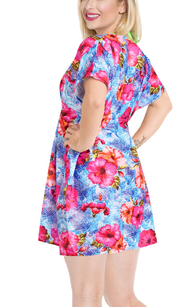 Radiant Blue with Pink Hibiscus Blossoms coverup for women