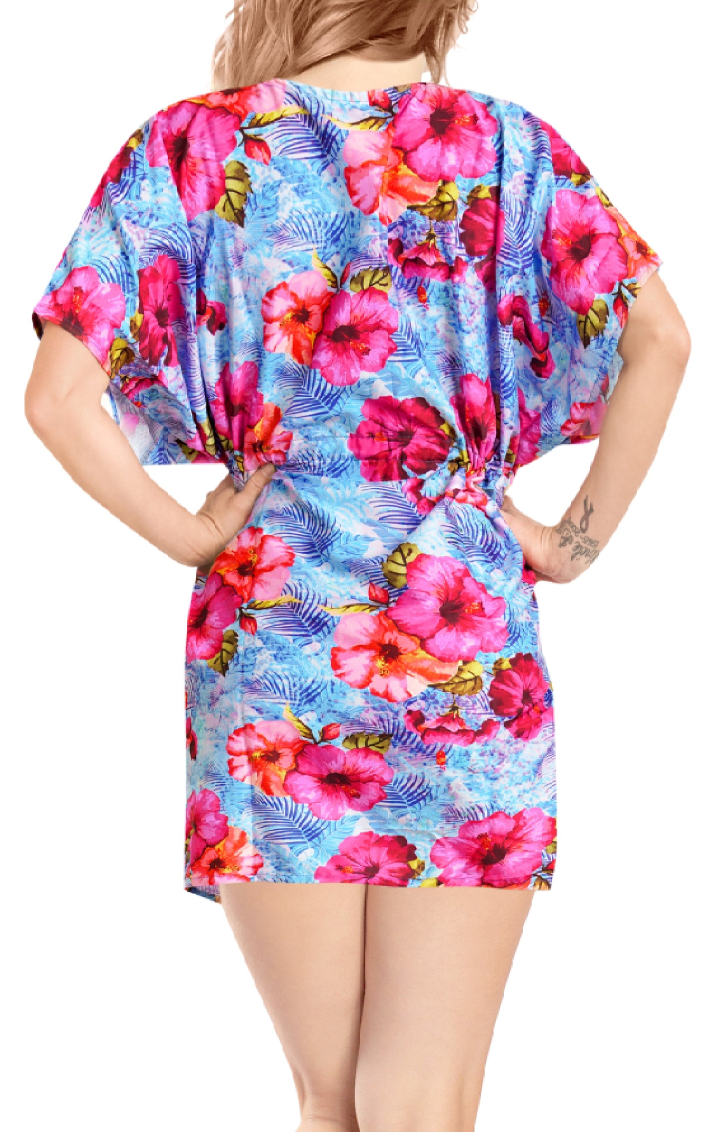 Radiant Blue with Pink Hibiscus Blossoms coverup for women