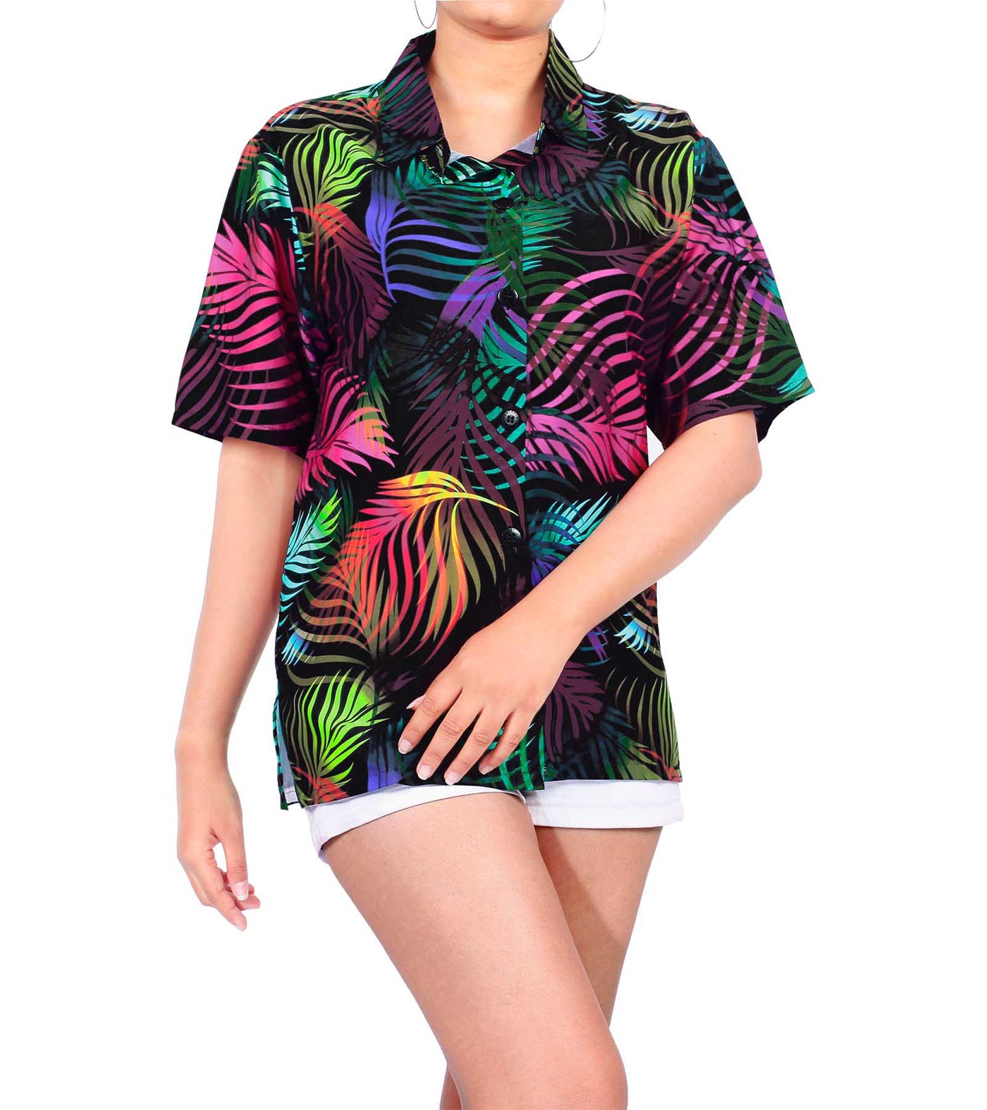 Tropical Leaf Print Colorful Hawaiian Shirt for women