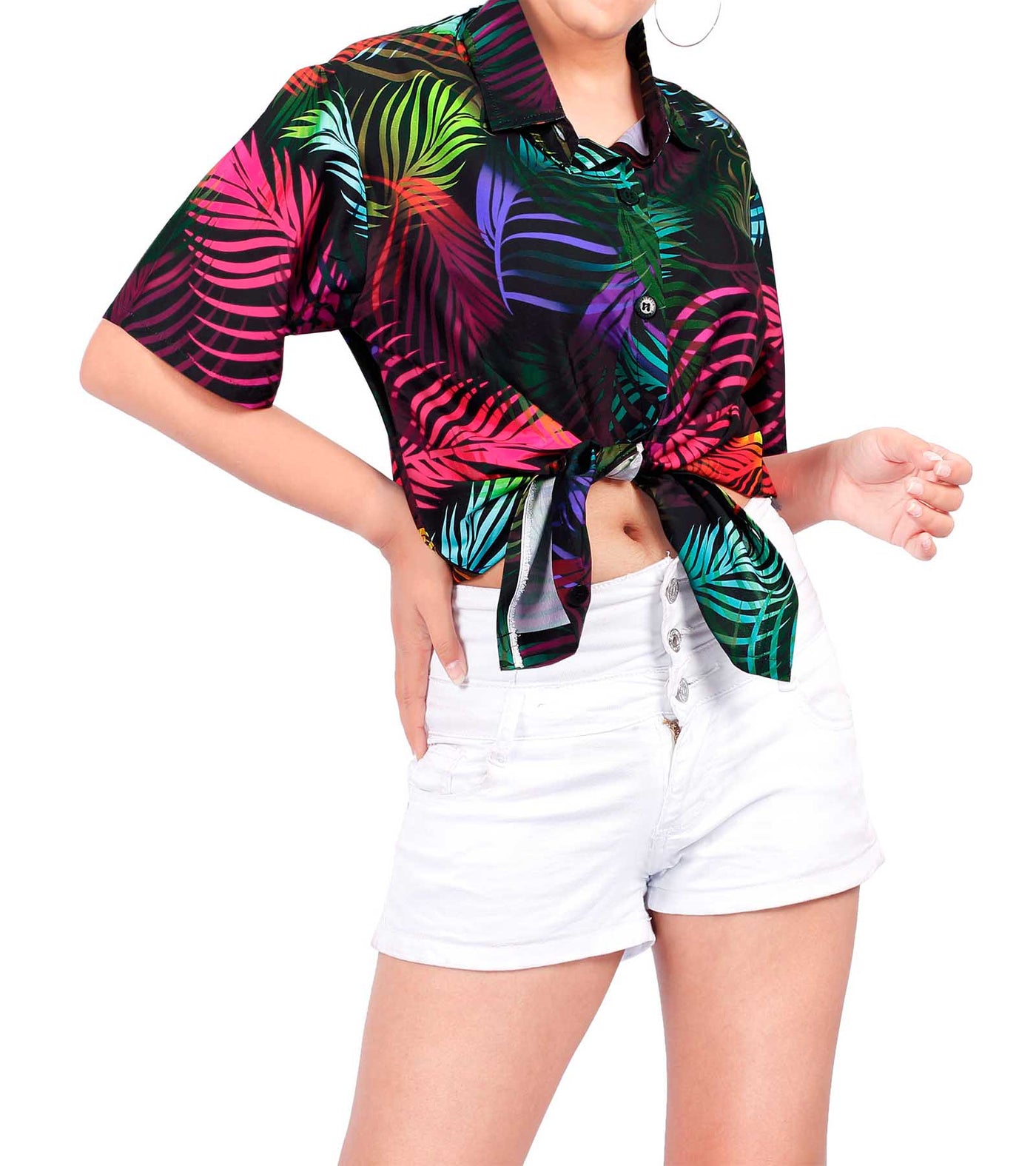 Tropical Leaf Print Colorful Hawaiian Shirt for women