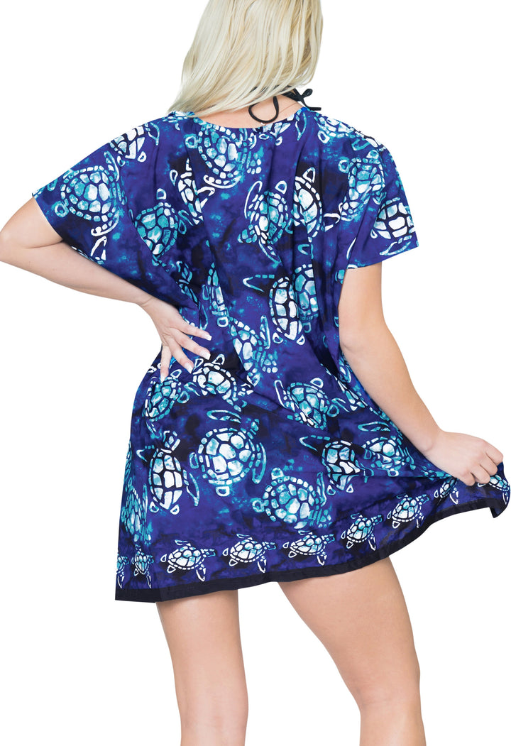 Navy Blue Allover Turtle V-Neck Non-Sheer Beach Cover Up For Women P03040