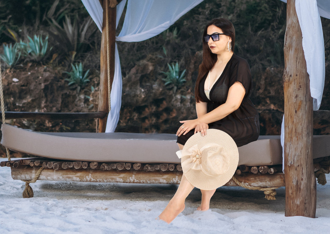 Glamorous Solid Black Sheer V-Neck Beach Cover up For Women P03612