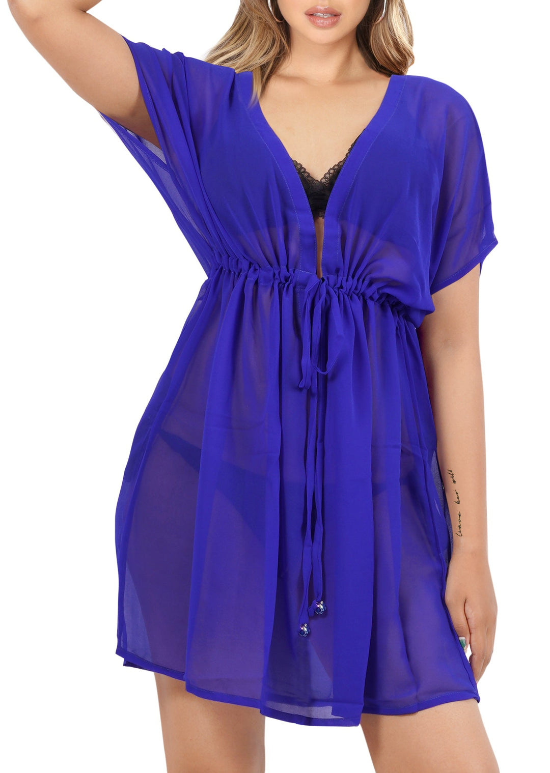 Royal Blue Sheer Solid V-Neck Beach Cover up For Women P03616