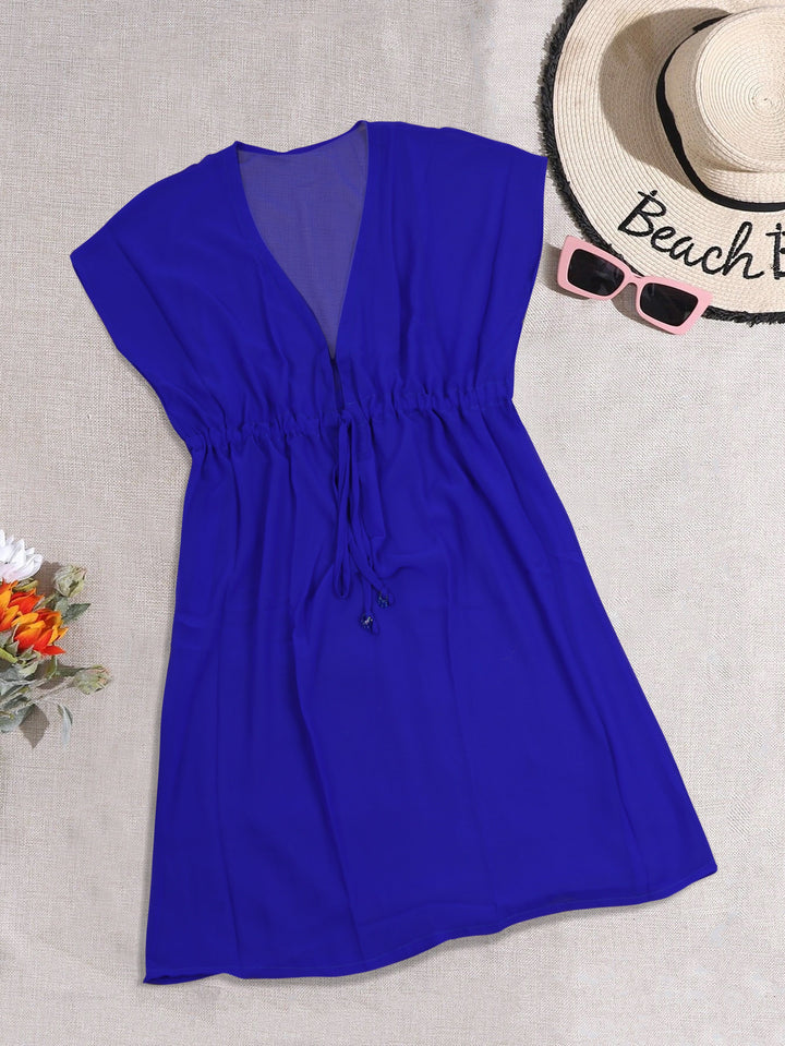 Royal Blue Sheer Solid V-Neck Beach Cover up For Women P03616