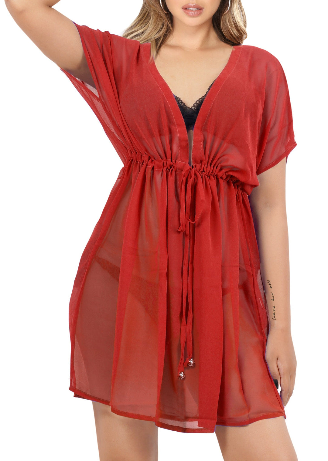 Effortless Elegant Red Sheer Solid V-Neck Beach Cover up For Women P05108