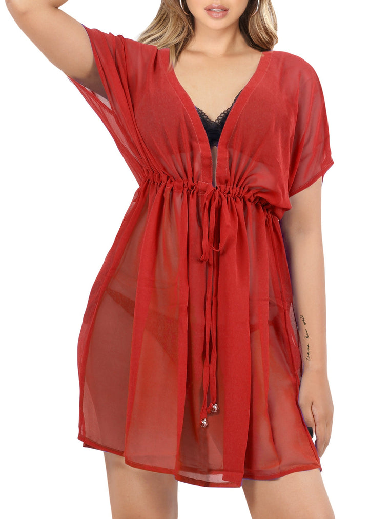 Effortless Elegant Red Sheer Solid V-Neck Beach Cover up For Women P05108