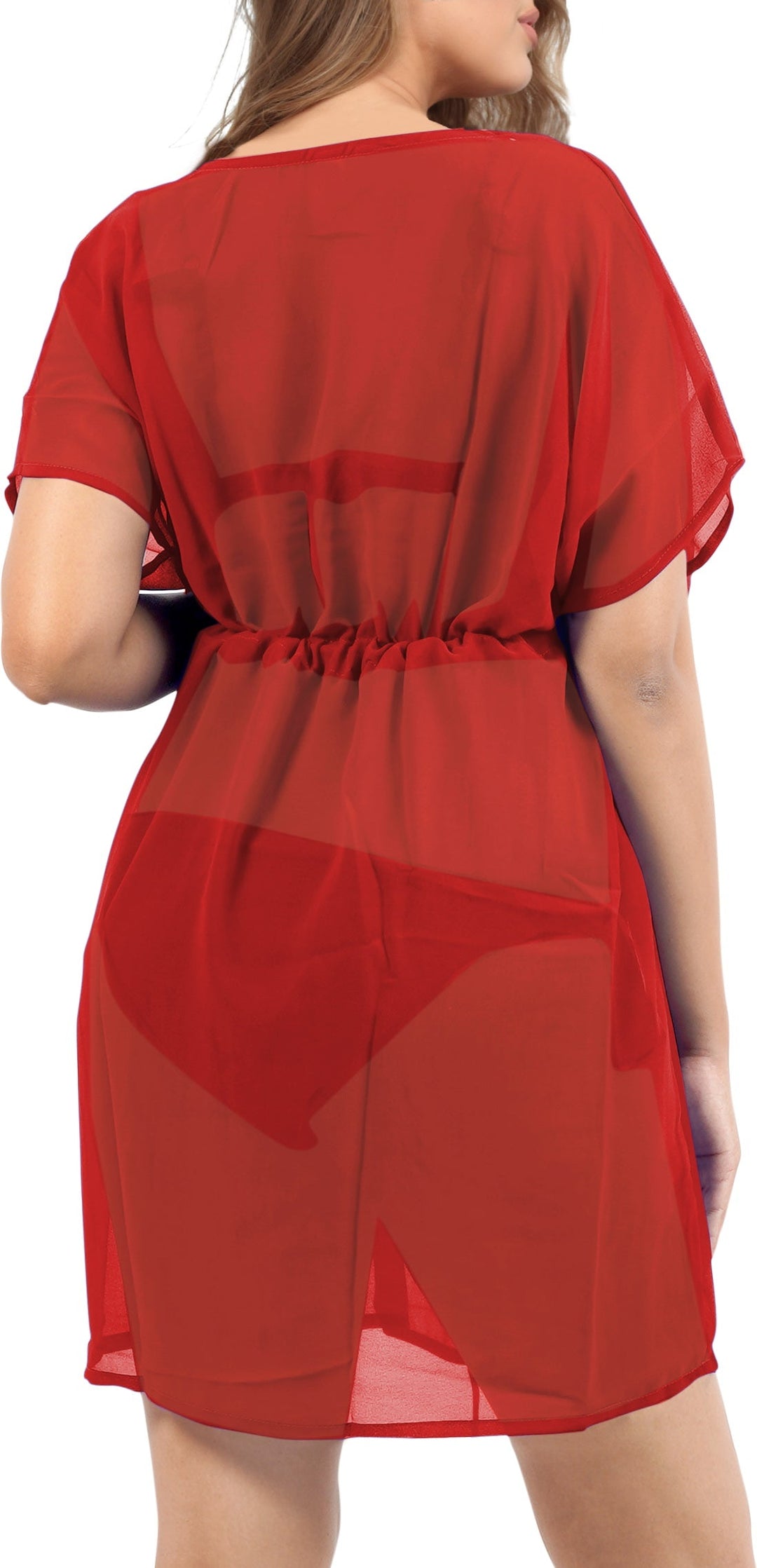 Effortless Elegant Red Sheer Solid V-Neck Beach Cover up For Women P05108