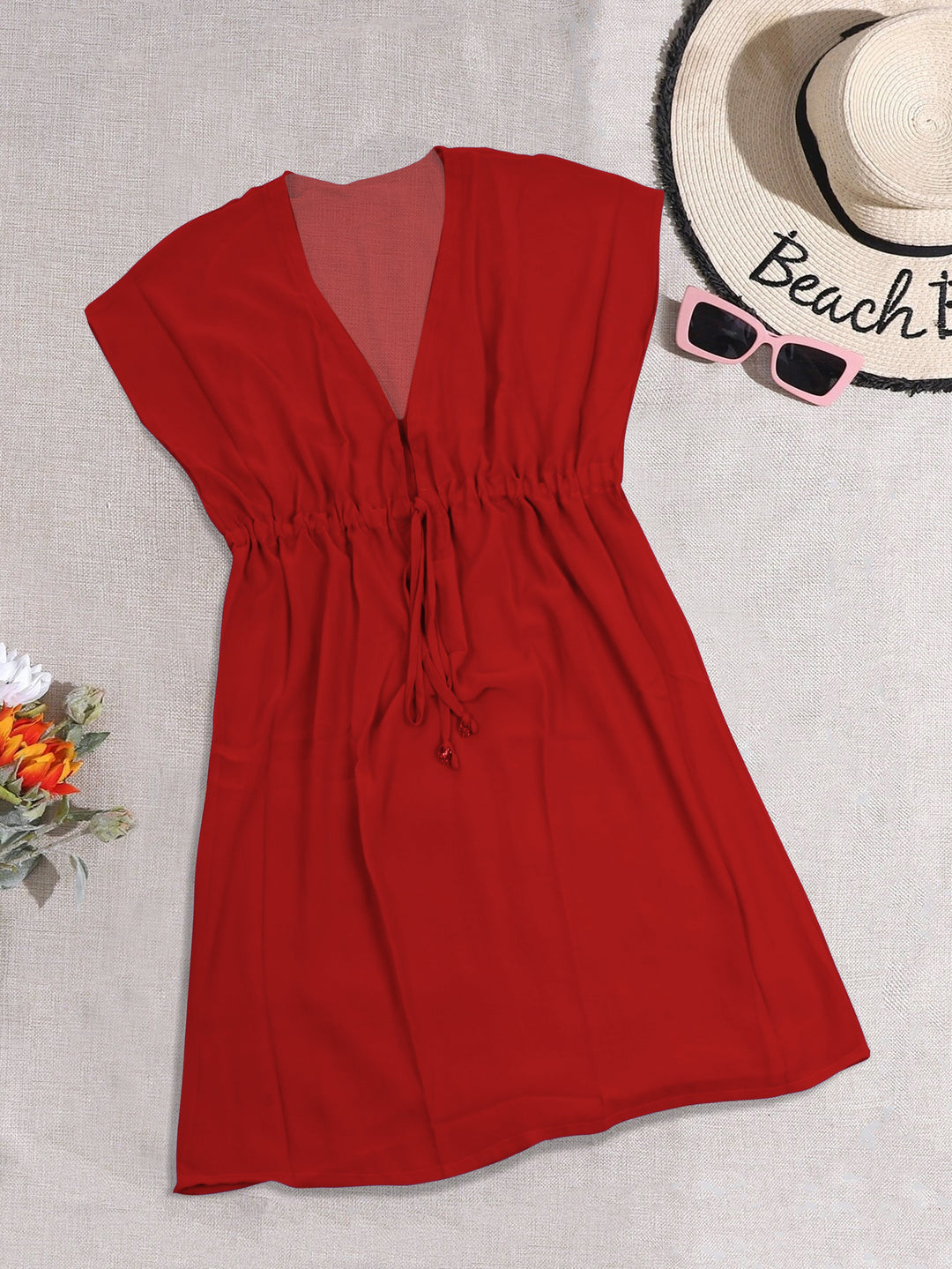 Effortless Elegant Red Sheer Solid V-Neck Beach Cover up For Women P05108