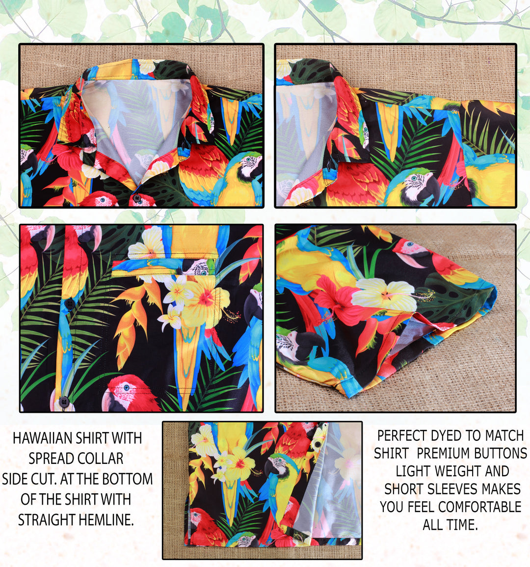 Multicolor Tropical Parrot and Floral Print Hawaiian Beach Shirts For Men