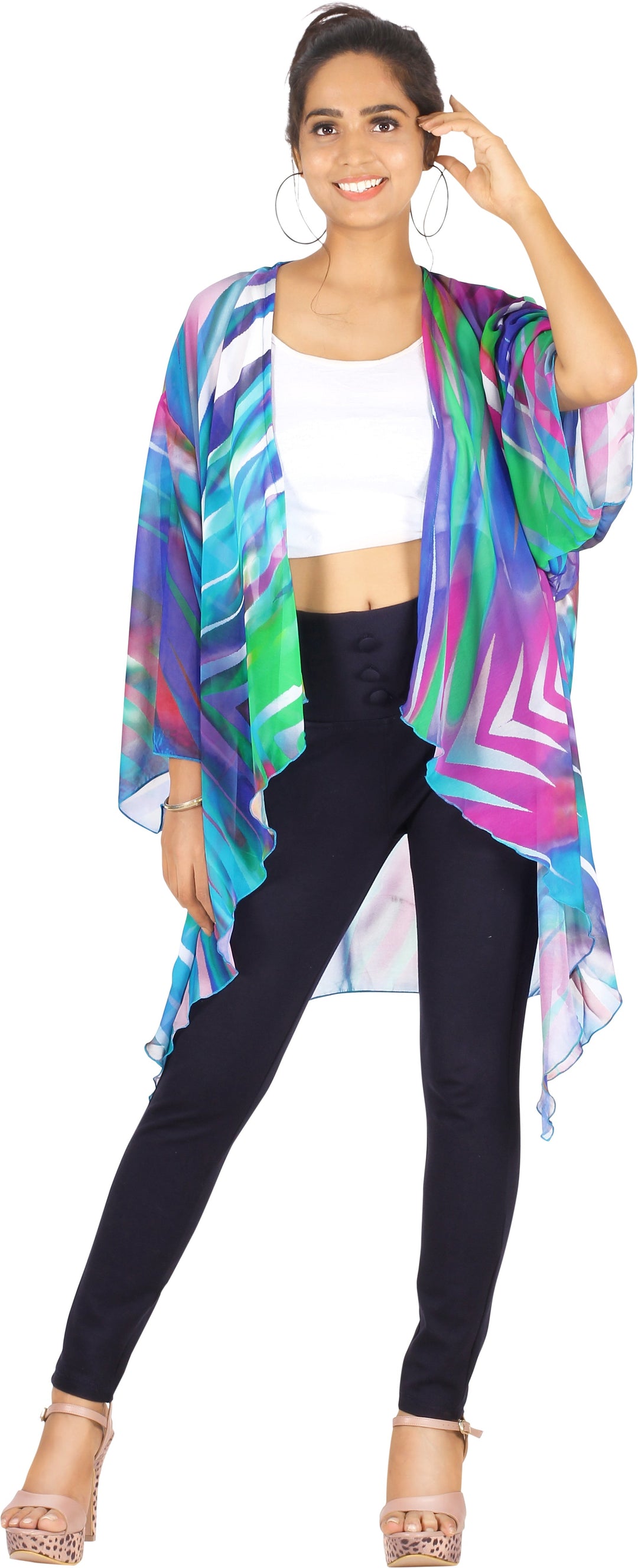 Aurora Dreams Multicolor Printed Kimono Shrug Jacket Cover up P03235