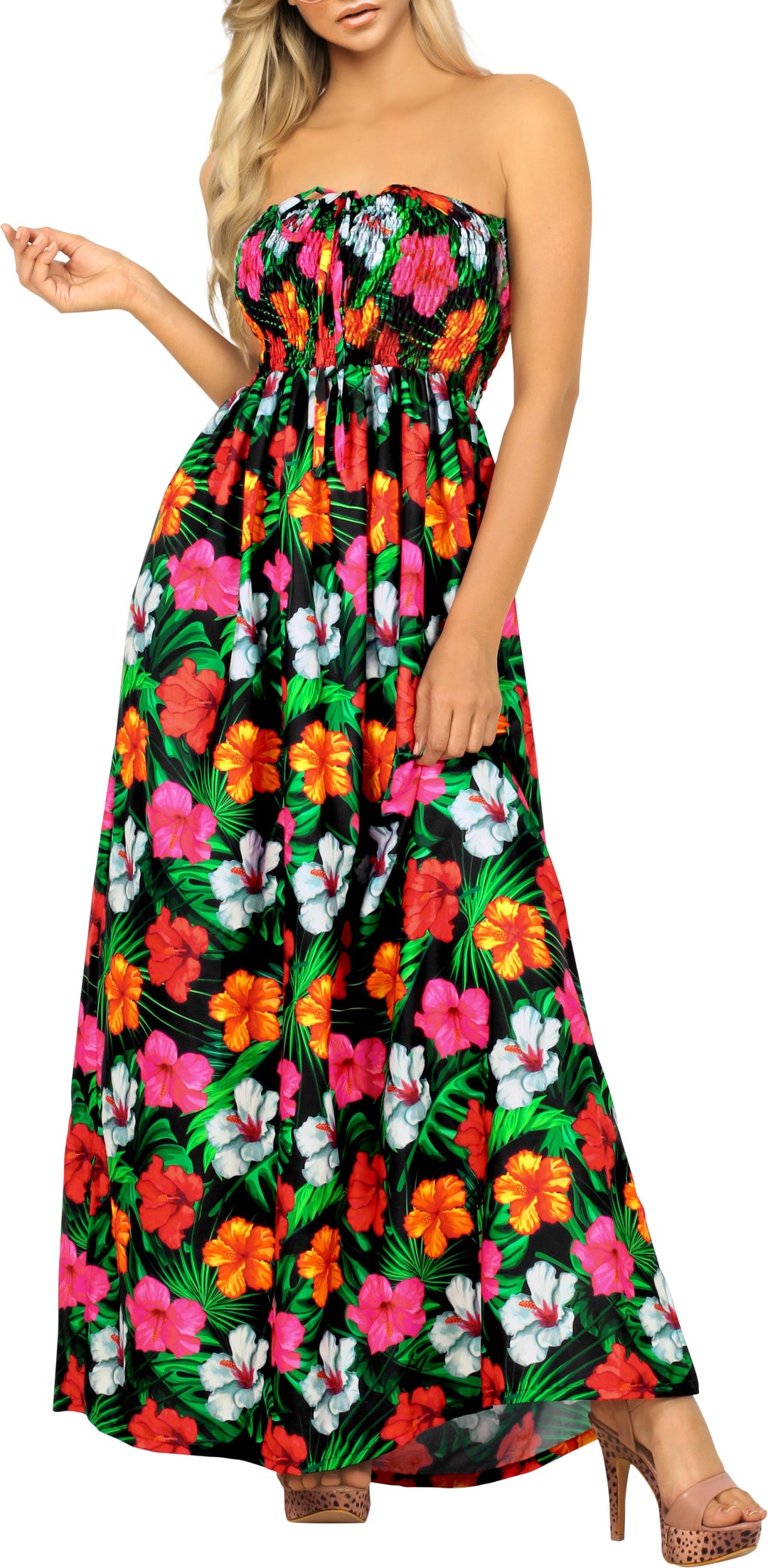 Black Allover Multi-Color Tropical Floral Print Strapless Long Dress P01048