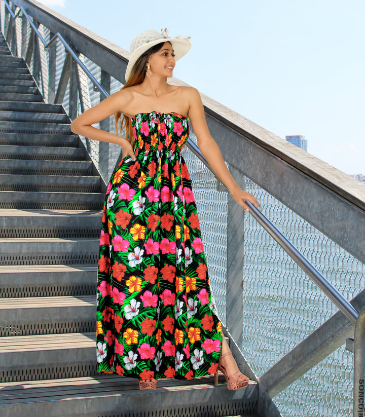 Black Allover Multi-Color Tropical Floral Print Strapless Long Dress P01048