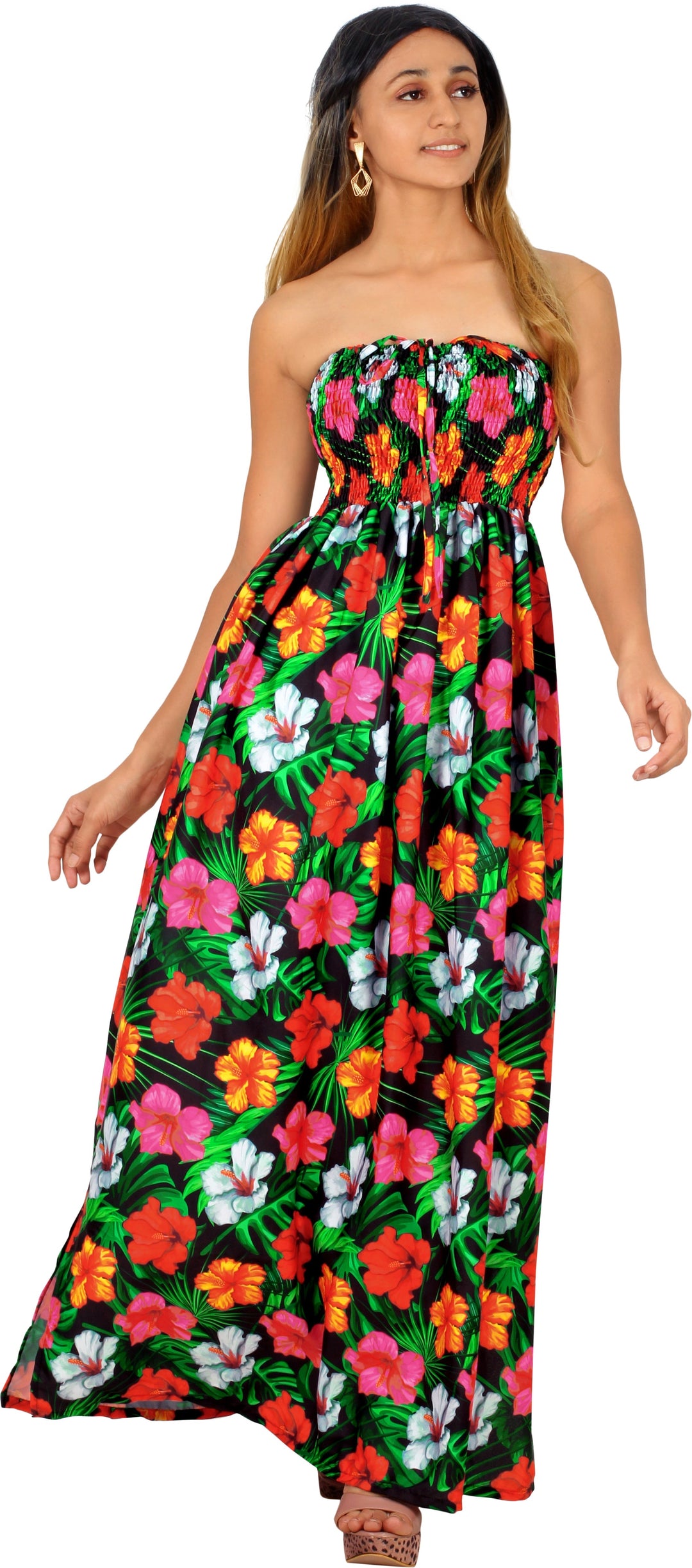 Black Allover Multi-Color Tropical Floral Print Strapless Long Dress P01048