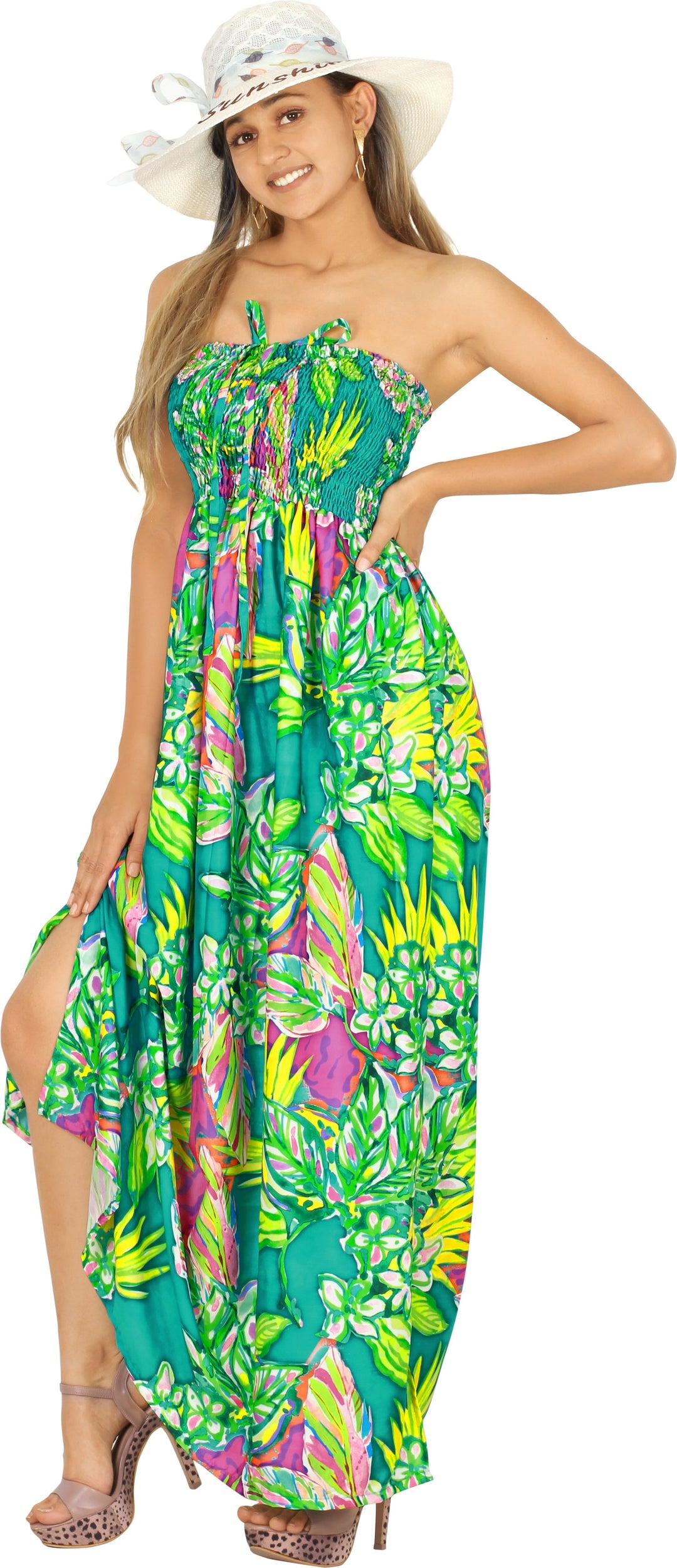 LA LEEL Beach Swimwear Soft Printed Hawaiian Tube Dress Long Sea Green One Size P01083