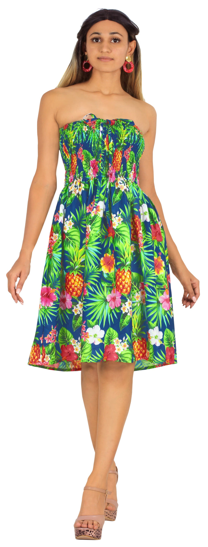 Tropical Hibiscus And Pineapple Printed Short Strapless Dress For Women P00819