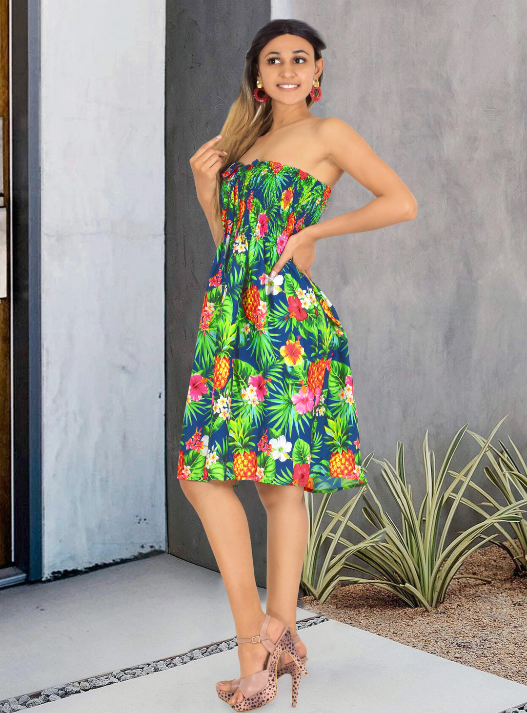 Tropical Hibiscus And Pineapple Printed Short Strapless Dress For Women P00819