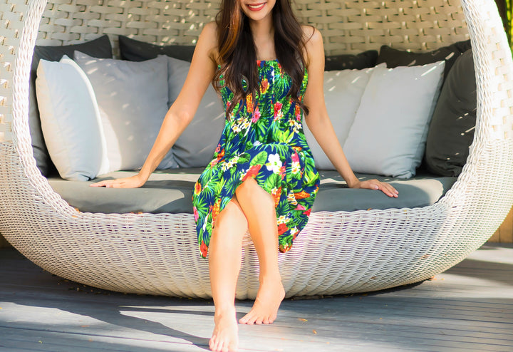 Tropical Hibiscus And Pineapple Printed Short Strapless Dress For Women P00819