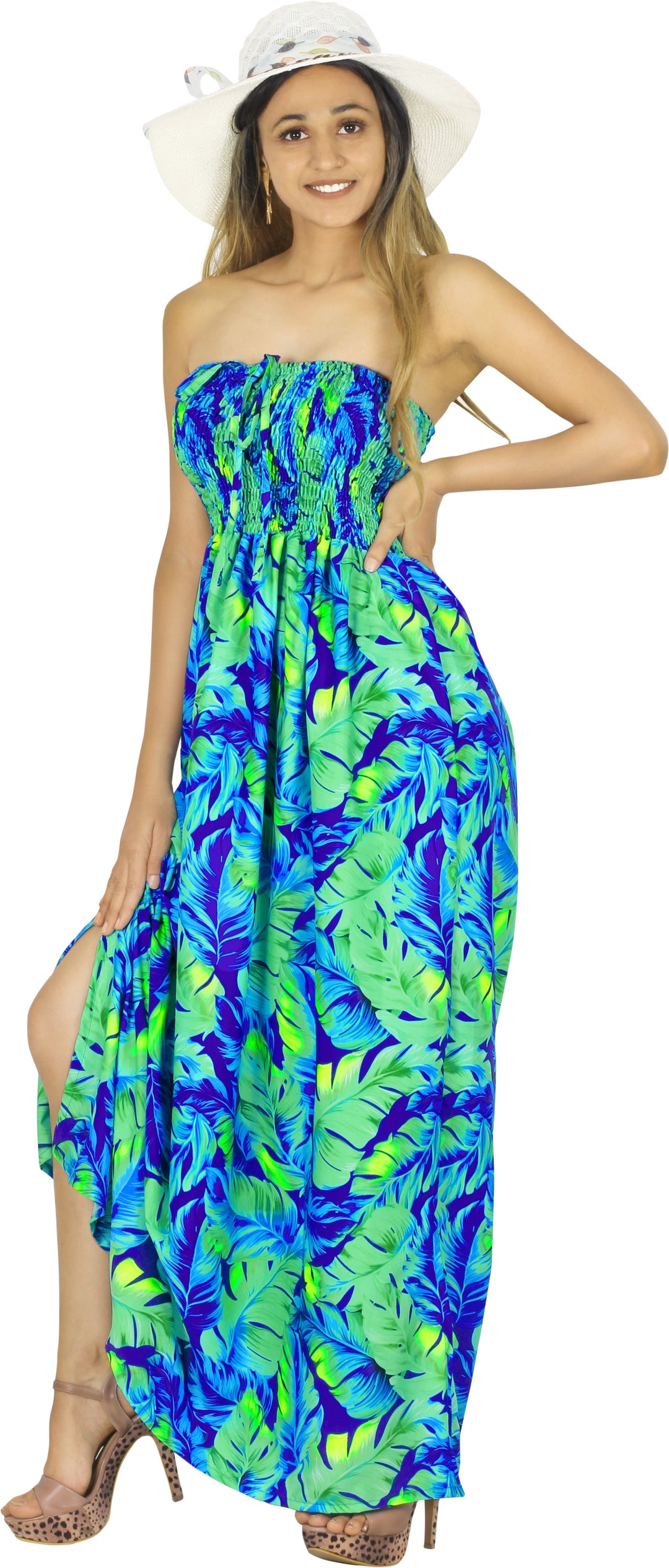 Allover Palm Tree Printed Long Maxi Strapless Dress P01058