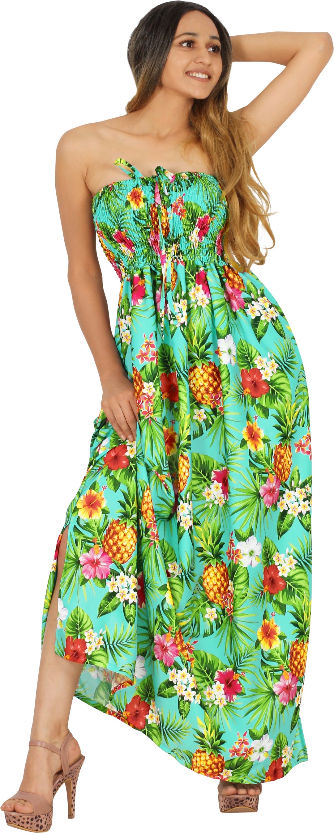 Resort Chic Shamrock Green Tropical Floral and Pineapple Print Strapless Long Dress P01050