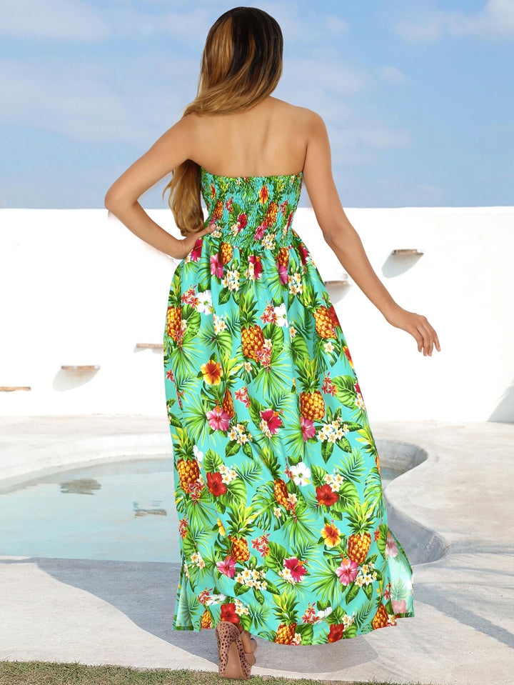 Resort Chic Shamrock Green Tropical Floral and Pineapple Print Strapless Long Dress P01050