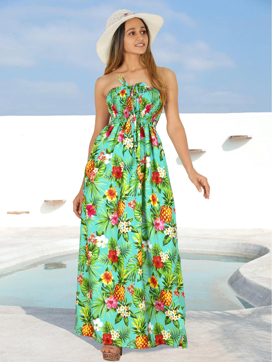Resort Chic Shamrock Green Tropical Floral and Pineapple Print Strapless Long Dress P01050