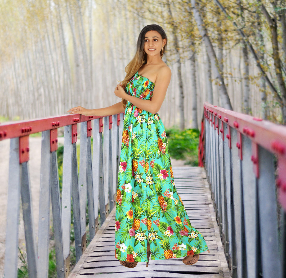 Resort Chic Shamrock Green Tropical Floral and Pineapple Print Strapless Long Dress P01050