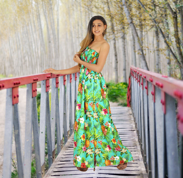 Resort Chic Shamrock Green Tropical Floral and Pineapple Print Strapless Long Dress P01050