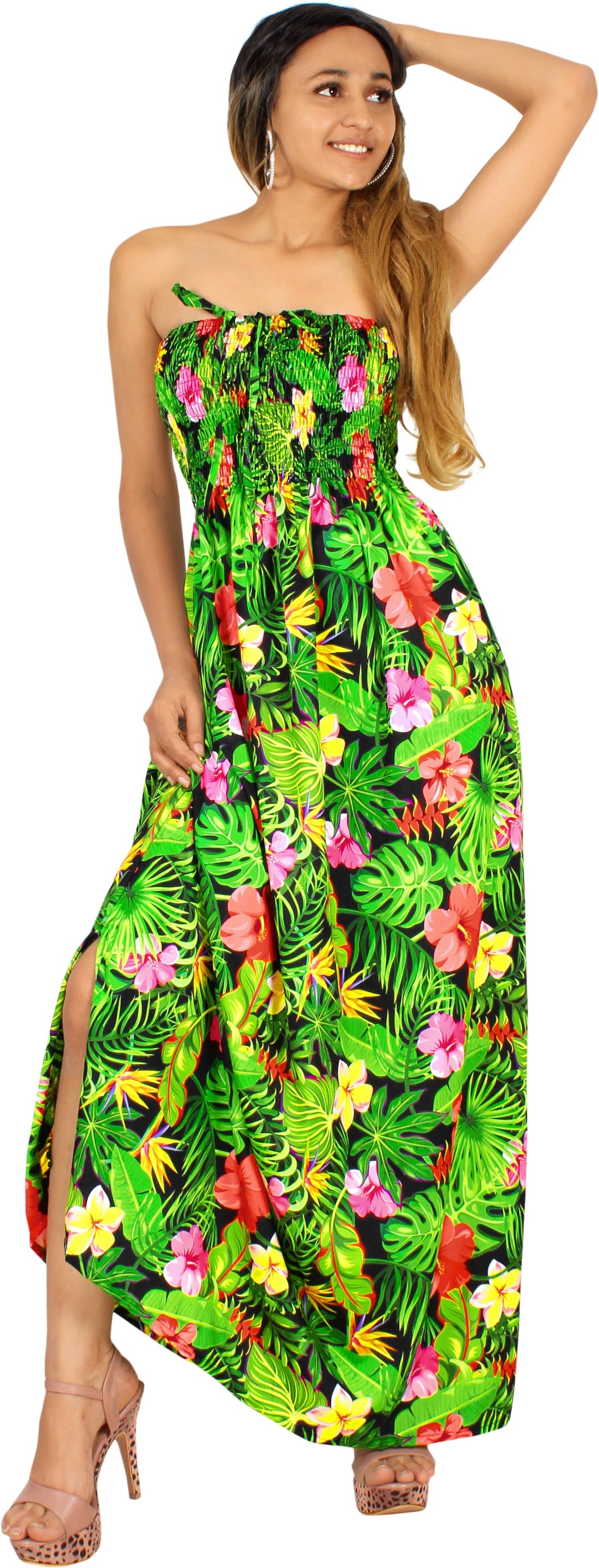 Black and Green Allover Floral Print Long Tube Dress For Women P01045