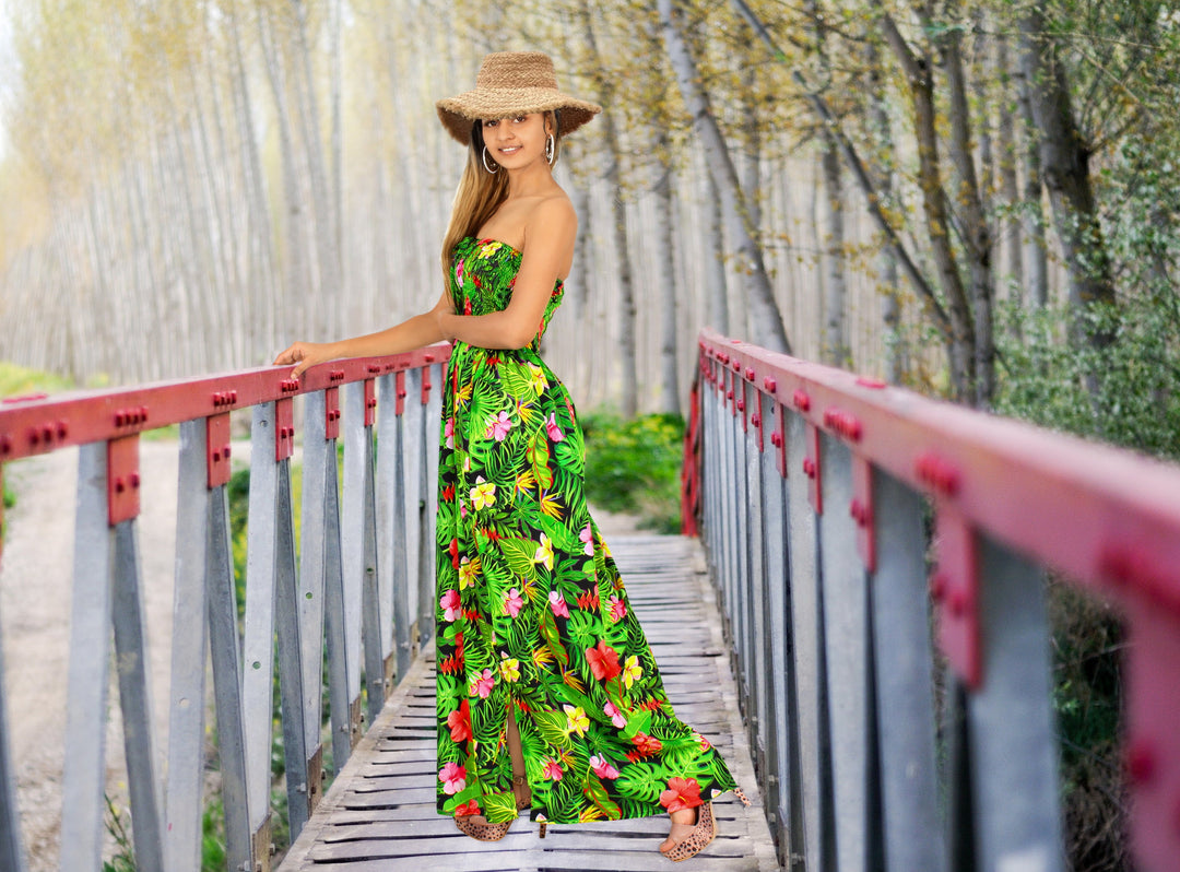 Black and Green Allover Floral Print Long Tube Dress For Women P01045