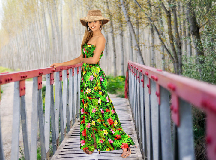 Black and Green Allover Floral Print Long Tube Dress For Women P01045