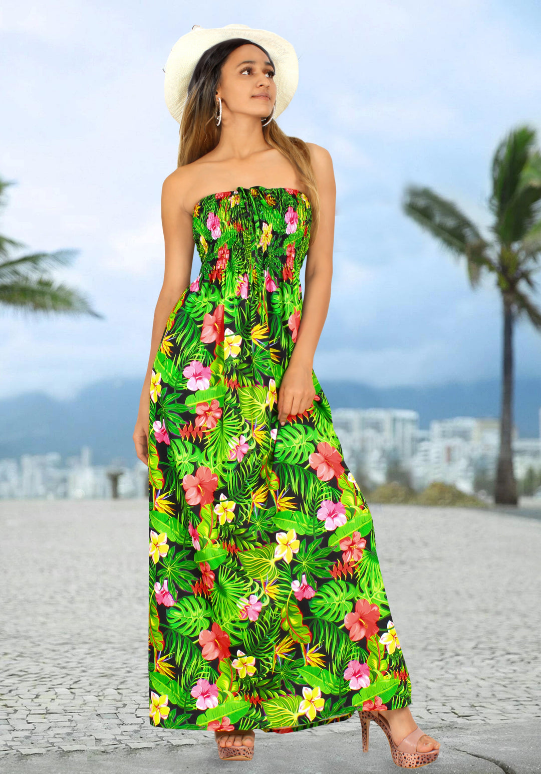 Black and Green Allover Floral Print Long Tube Dress For Women P01045