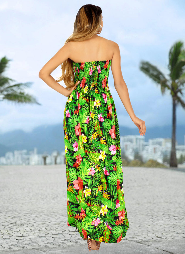 Black and Green Allover Floral Print Long Tube Dress For Women P01045