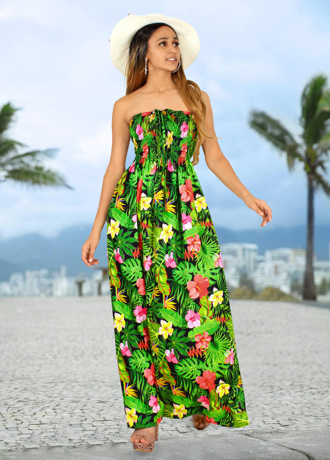 Black and Green Allover Floral Print Long Tube Dress For Women P01045