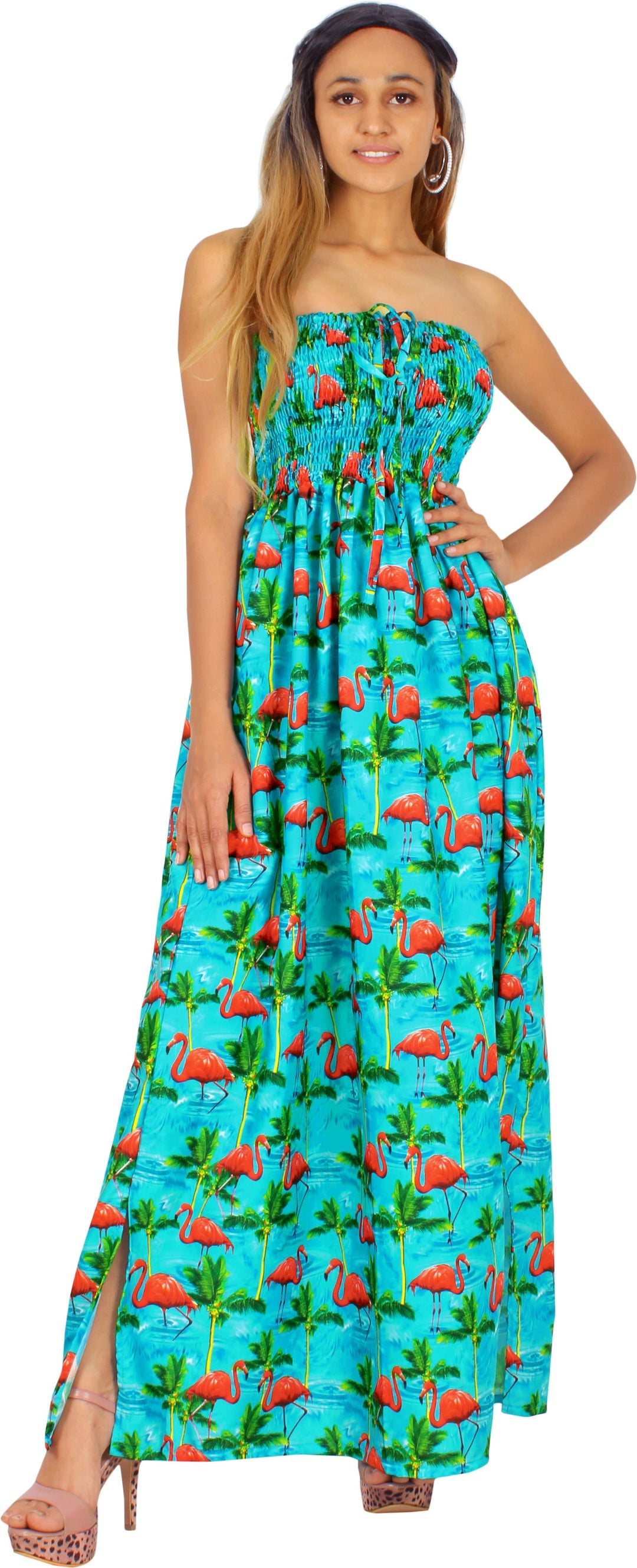 Blue Palm Tree and Swan Printed Long Tube Dress For Women P01061