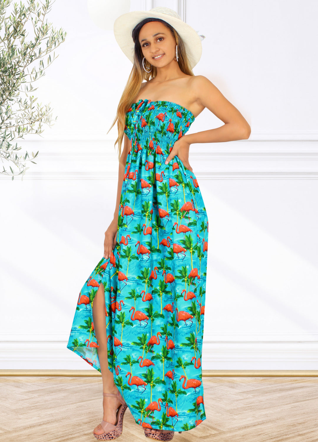 Blue Palm Tree and Swan Printed Long Tube Dress For Women P01061