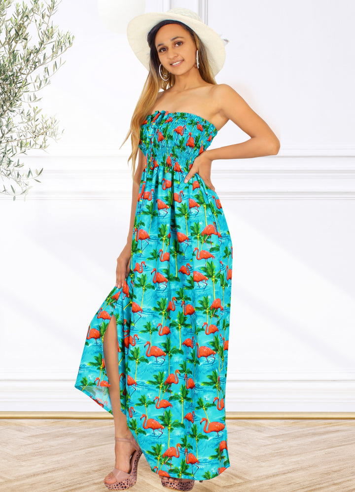 Blue Palm Tree and Swan Printed Long Tube Dress For Women P01061
