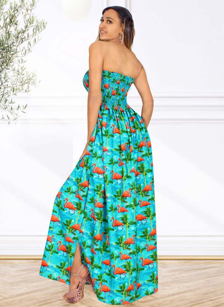 Blue Palm Tree and Swan Printed Long Tube Dress For Women P01061