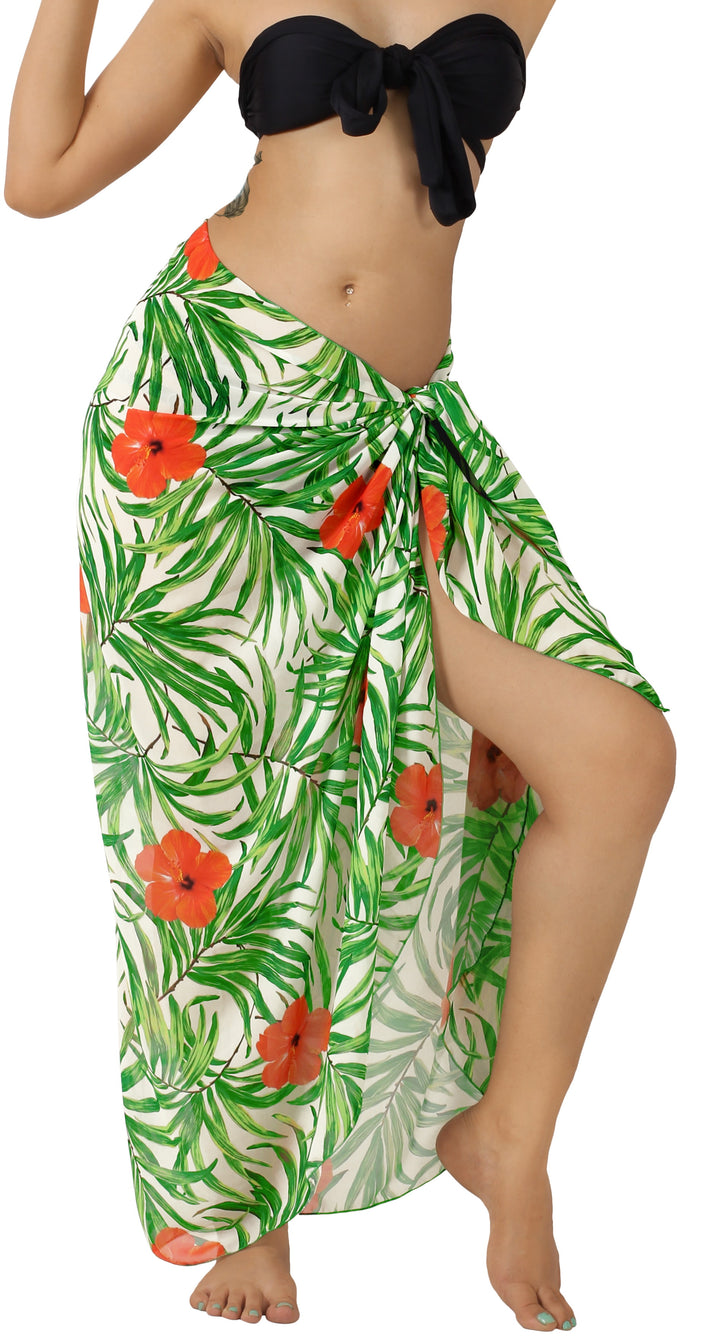 White Sheer Beach Wrap For Women with Red Hibiscus and palm Leaf Print P06777