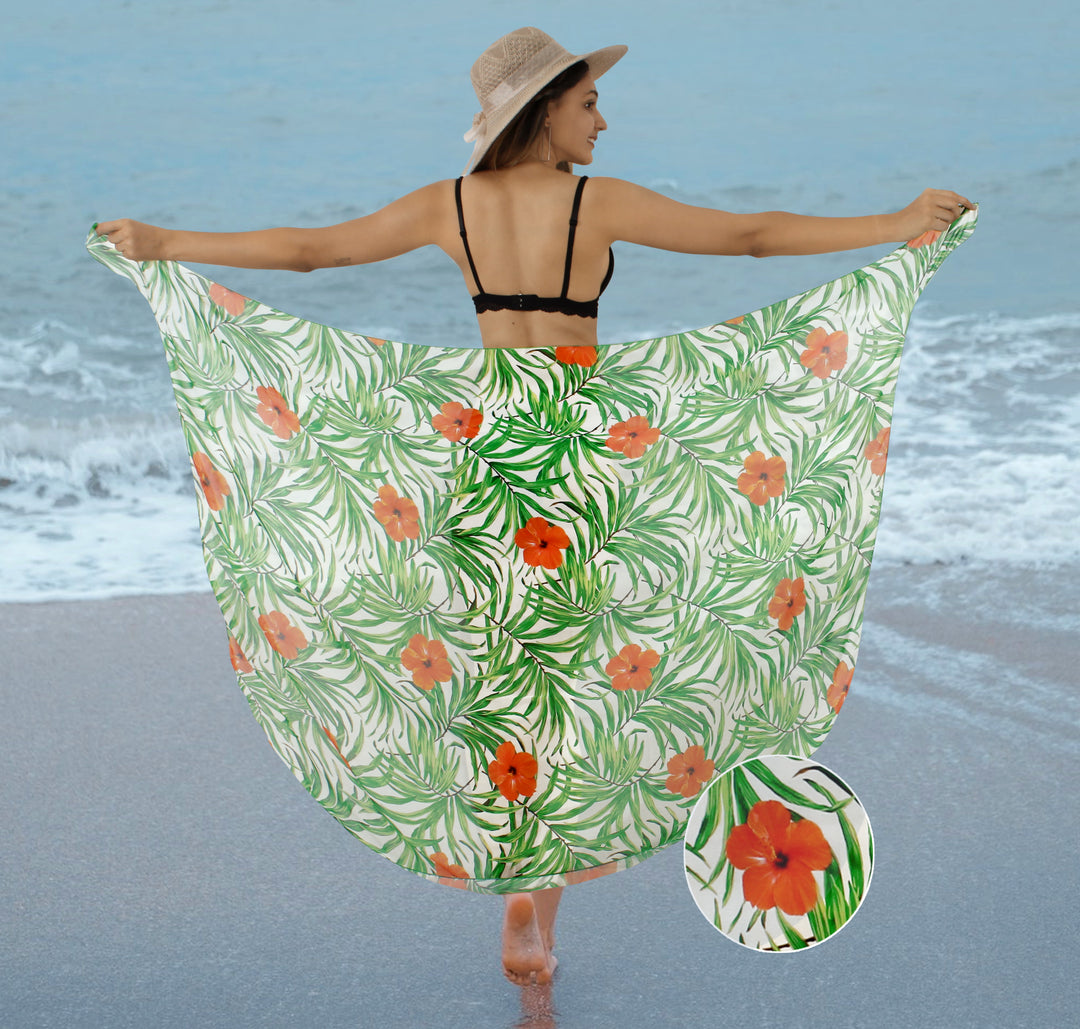 White Sheer Beach Wrap For Women with Red Hibiscus and palm Leaf Print P06777