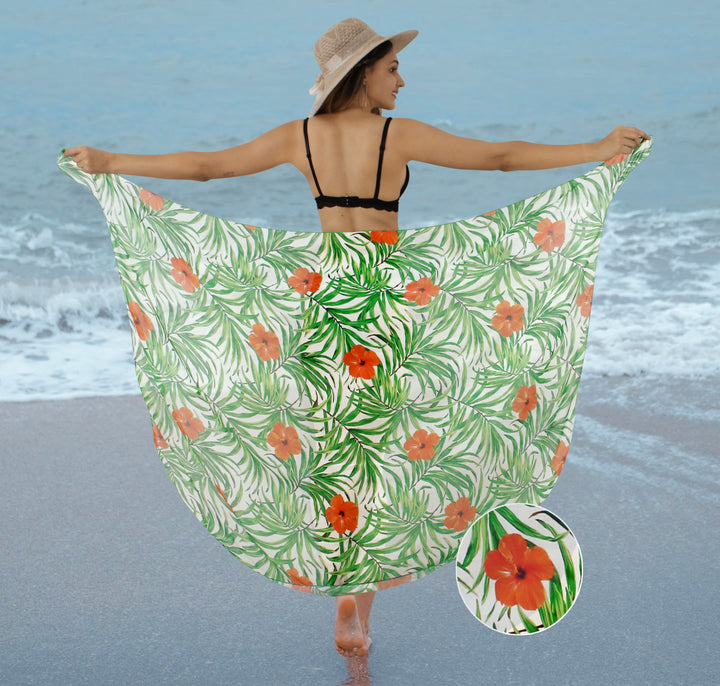 White Sheer Beach Wrap For Women with Red Hibiscus and palm Leaf Print P06777