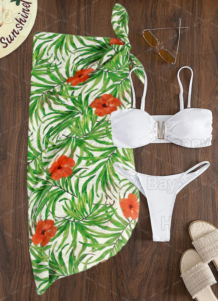 White Sheer Beach Wrap For Women with Red Hibiscus and palm Leaf Print P06777